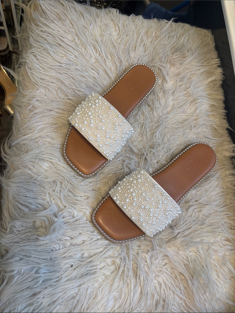 Nicole Miller Pearl-Embellished Cream Slide Sandals